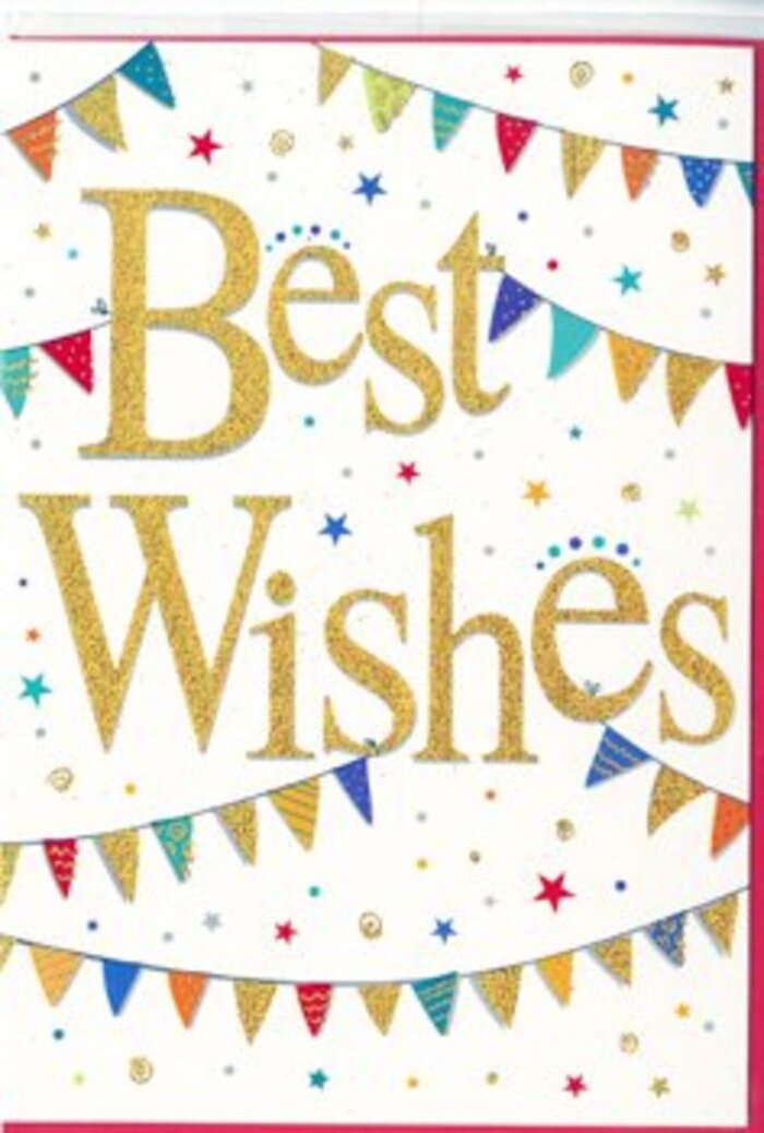This congratulations card evokes the atmosphere of a small, joyful gathering in Whitechapel, captured in gold lettering and colourful shapes across a pristine white surface. Dominating the centre, the phrase "Best Wishes" appears in elegant, flowing script, rendered in gold with a glittering finish that suggests a tactile, slightly raised texture under the fingertips. The lettering feels warm and considered, as though carefully chosen to convey heartfelt encouragement to someone starting a new chapter, whether that's a first job, a new home off Commercial Street, or an academic achievement. Above and below this central text, soft curves of bunting sweep across the card like gentle smiles. Each strand is made from a line of small, neatly spaced flags, each flag individually coloured in rich, saturated hues - deep blues, bright reds, lively greens, sunny yellows, and vivid pinks - with surface details such as delicate stripes, polka dots, and tiny patchwork-like motifs. The variety of patterns hints at the cultural diversity of the local area, much like the mix of stalls and shopfronts along Whitechapel Road. Around these garlands and the shining words, diminutive stars and rounded confetti dots are scattered, their placement seemingly random yet artistically balanced, adding a sense of movement and celebration without clutter. The white background serves as a calm backdrop, ensuring that the gold script and multicoloured bunting stand out clearly and harmoniously. Overall, the card communicates positivity, support, and shared happiness, making it ideal to accompany a bouquet sent to celebrate milestones across Whitechapel. It is easy to imagine this card being tucked into fresh flowers delivered to a friend or colleague, bringing an extra note of festive charm to the gesture.