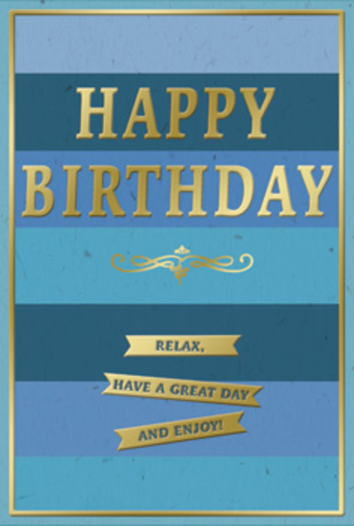 This carefully designed birthday card seems perfectly at home in Whitechapel, blending contemporary simplicity with a touch of timeless elegance. The entire front is washed in wide horizontal stripes of blue, each band a slightly different shade, stacked one atop another like long strokes of sky laid across the card. Near the top the blues are deep and saturated, resembling navy and rich ocean tones, then gradually soften into calmer, paler blues towards the base, evoking the gentle fade of daylight over nearby Altab Ali Park. The smooth progression of colour creates a sense of depth and quiet, making the card feel both tranquil and celebratory. At the heart of this layered backdrop, the greeting "HAPPY BIRTHDAY" is embossed in grand, capital letters of gold. The metallic lettering rises from the surface, catching the light with a subtle glimmer-elegant without being overpowering, like candlelight reflected in a window along Commercial Street. Directly beneath the main text, a graceful golden flourish curls outward, its symmetrical loops suggesting a nod to classic calligraphy and decorative ironwork found on older East End buildings. Further down, aligned neatly in the lower third of the card, three slim gold banners are arranged in a tidy stack. Each ribbon gleams softly and carries part of a gentle message: "Relax, have a great day and enjoy!" The sentiment flows downward in a natural rhythm, encouraging an easy, unhurried mood. A slender gold border frames the entire design, following the outer edges of the card and tying all the elements together like a delicate frame around a painting. The overall finish appears smooth and matte in the blues, with the gold details slightly raised and more reflective, offering both visual and tactile contrast. It is a card that conveys thoughtful care, perfectly suited to accompany flowers delivered anywhere in Whitechapel.