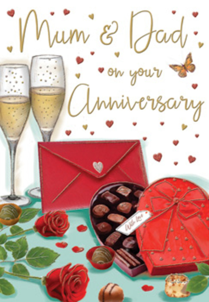 In this richly illustrated anniversary card, the artist has created a romantic vignette that could sit comfortably on a coffee table in a Whitechapel home overlooking the bustle of Whitechapel High Street. Two elegant champagne flutes stand tall at the centre, drawn with fine, tapering stems and gently curved bowls. Each glass is filled with shimmering golden champagne, the bubbles rendered as tiny, bright dots rising towards the surface and catching a warm, flattering light. Just in front of the glasses lies a heart-shaped box of chocolates, its bold, deep red colour making it the visual anchor of the scene. The lid is partially open, revealing rows of smooth, round chocolates resting in orderly lines, their surfaces dark and shining. A generously tied red bow, rich and satin-like, drapes across the lid with soft folds and shadows that suggest a carefully wrapped gift, lovingly chosen. Several chocolates have spilled out onto the tabletop, adding a relaxed, lived-in feel to the still life. To one side, a pair of lush red roses recline on a cluster of fresh green leaves, their petals dense, velvety, and beautifully curled at the edges, as if freshly cut by an experienced Whitechapel florist who knows exactly which stems will open perfectly in time for an anniversary toast. Nearby, a vibrant scarlet envelope, sealed and angled slightly towards the viewer, hints at a heartfelt message-perhaps from children thanking Mum & Dad for years of commitment and care. Around this intimate arrangement float tiny hearts in gold and rich crimson, curling across a warm-toned background with hand-lettered script. The overall impression blends the sensory pleasures of flowers, chocolate, and champagne with a quiet, enduring sense of love shared over many years in the heart of Whitechapel.