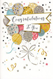 The image shows a beautifully designed congratulations card that seems to bottle the feeling of a happy gathering in Whitechapel and pour it onto paper. At its heart floats an airy bouquet of illustrated balloons, rendered in soft tones of rich gold, mirrored silver, delicate champagne, sky blue, rosy blush, and soft grey. Each balloon is uniquely decorated: some glow with scattered star shapes, others carry slender, shimmering stripes, while a few are lightly speckled with glitter-like dots that create a sense of sparkle and depth. The balloons drift together as if gently rising, connected by slender gold and silver ribbons that twist and curl downward in elegant loops, much like the decorative ties on a fresh bouquet ready to be delivered to a flat off Whitechapel Road or a café near Brick Lane. The background is gentle and light, scattered with tiny metallic stars, abstract swirls, and playful confetti shapes that give the impression of motion, as though the card itself is caught in the afterglow of applause and laughter. A softly arched banner stretches across the central portion of the design, bearing the words "Congratulations To You" in beautifully flowing, calligraphic script that feels both refined and heartfelt. The overall composition balances glamour with warmth, capturing a mood of sincere celebration and pride. This is the sort of card that would sit perfectly beside a vase of seasonal flowers on a windowsill overlooking Whitechapel, marking achievements big and small-from exam successes and new jobs to special personal milestones-with a quietly radiant joy.