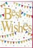 The design of this "Best Wishes" card is as uplifting as walking through Whitechapel on a bright, bustling day, where colour and community spirit are everywhere you look. At the heart of the card, the greeting is written in bold, flowing gold script, its metallic sheen giving a gentle glitter that catches your eye immediately. The shape of each letter feels relaxed and personal, as though handwritten with care, conveying a sense of genuine, warm-hearted support. Wrapping the message in a loose embrace, strands of bunting sweep in arcs across the top and bottom of the card, like decorative flags strung above a local celebration near Brick Lane or surrounding streets. These garlands are composed of small flags in vibrant shades of blue, red, green, yellow, and pink, each one decorated with tiny patterns - from thin stripes to playful dots and miniature geometric tiles - that echo the textiles, spices, and artwork frequently seen in the neighbourhood. Between the bunting and the central lettering, a sprinkling of stars and confetti-like dots is scattered with a light touch, creating a gentle sense of movement, as if festive paper pieces have been tossed into the air and then frozen in mid-drift. The background remains a clean, bright white, ensuring the gold and rainbow colours stand out with clarity and sophistication. The overall mood of the card is undeniably joyful yet still polished enough for important milestones - a promotion, a new baby, exam results, or a move to a new flat in E1. Although no flowers appear in the artwork, the colours and celebratory feel make this card a natural companion to a fresh, colourful bouquet hand-delivered by a local florist in Whitechapel.